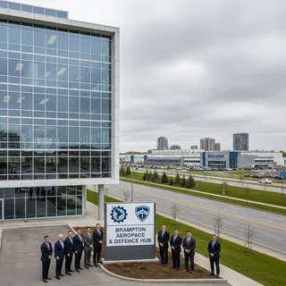 Brampton office buildings and storefronts, symbolizing new aerospace and defence investments.