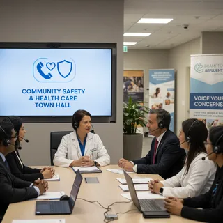 Brampton city officials participate in a telephone town hall meeting discussing community safety and health care.