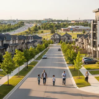 Brampton neighbourhood showcasing diverse housing options and green spaces under natural lighting.