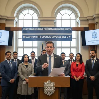 Brampton Mayor Patrick Brown speaking at a podium with city council members behind him.