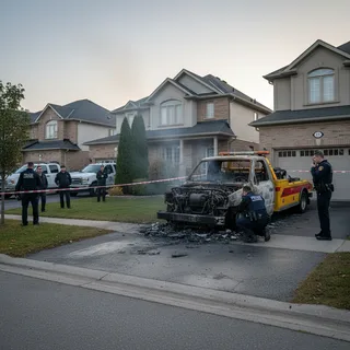 Burned tow trucks in Brampton driveways as police investigate suspicious fires.