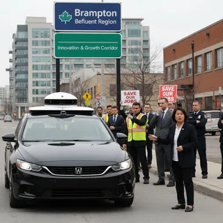 Autonomous Waymo vehicle on a realistic street in Brampton, Ontario, with a subtle hint of urban background.