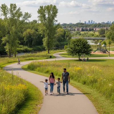 People walking and hiking on a sunny day through a lush, green park in Brampton.