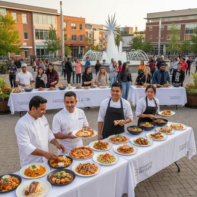 A photorealistic regional news photograph of various Brampton restaurants for a 2026 foodie guide.