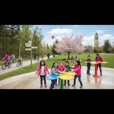 Family enjoying a sunny day at a park with green trees and a playground in Brampton.