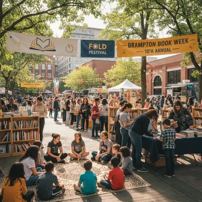 A diverse group of people mingling at the FOLD festival with bookshelves and Brafompton city hall in the background.