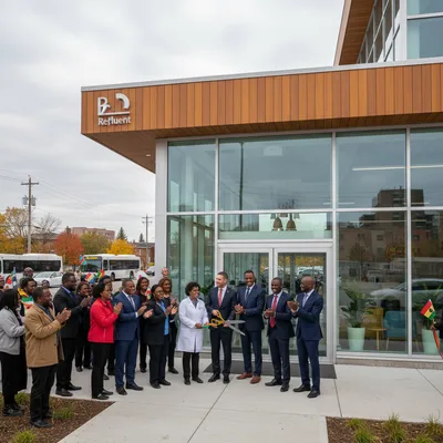 Black community members and health professionals gather inside a modern, welcoming health and social services center.