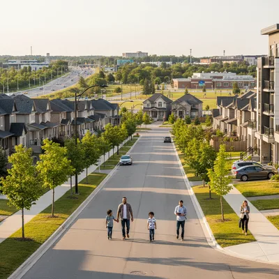 Brampton neighbourhood showcasing diverse housing options and green spaces under natural lighting.