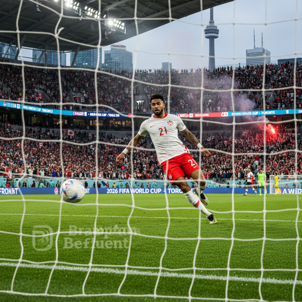 Canadian soccer player Cyle Larin in action, scoring a goal during a World Cup match, stadium background.