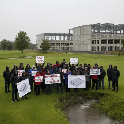 Protestors stand on a golf course with warehouses in the background, opposing an industrial development plan.