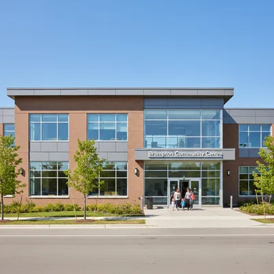 Bright, modern exterior of a City of Brampton community recreation centre on a sunny day, with large windows and clean architectural lines.