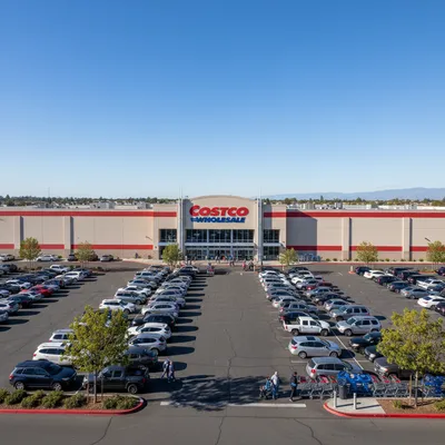 The storefront of the Costco Wholesale warehouse in Brampton, ON, showing the main entrance, signage, and a portion of the large parking lot.