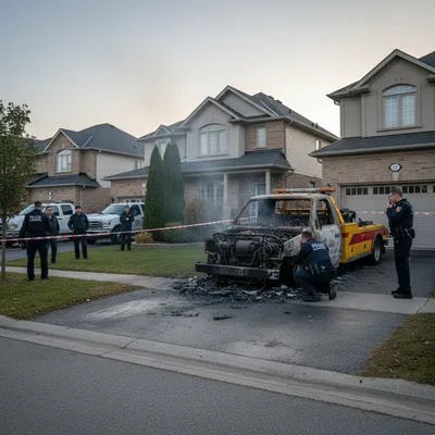 Burned tow trucks in Brampton driveways as police investigate suspicious fires.