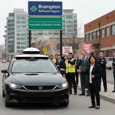 Autonomous Waymo vehicle on a realistic street in Brampton, Ontario, with a subtle hint of urban background.