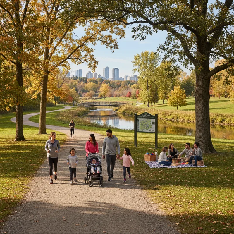 Sunlight streams through trees onto a paved park pathway in Brampton, ideal for walking and families.