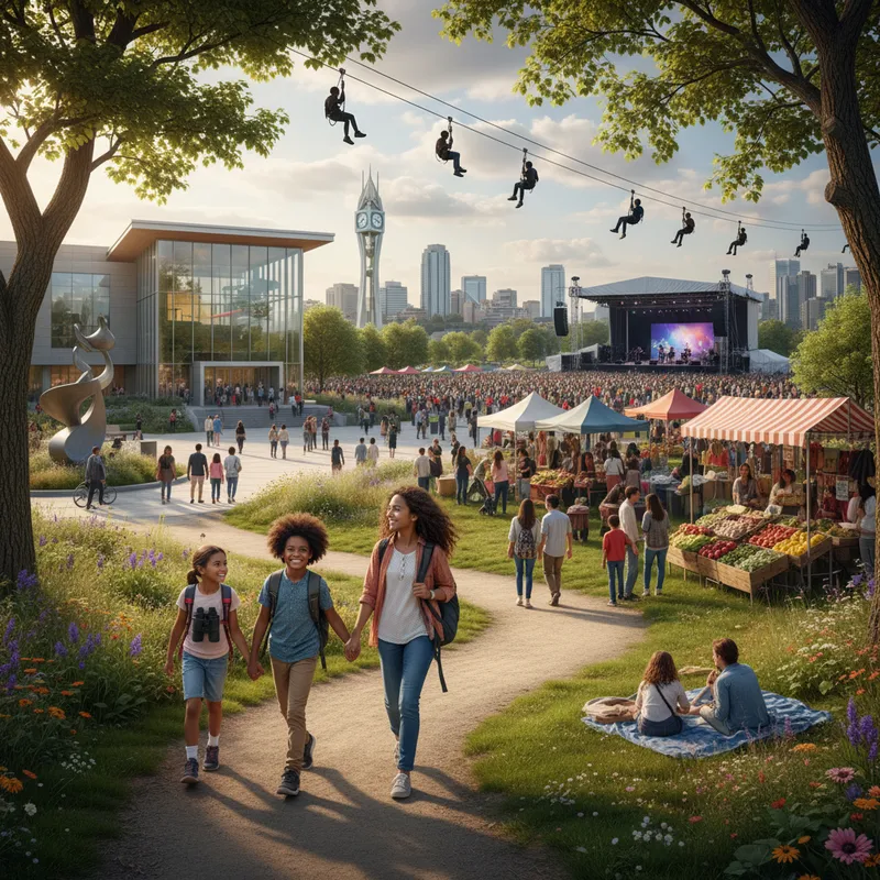 Regional news photo of Brampton featuring outdoor activities like trails and treetop ziplines.