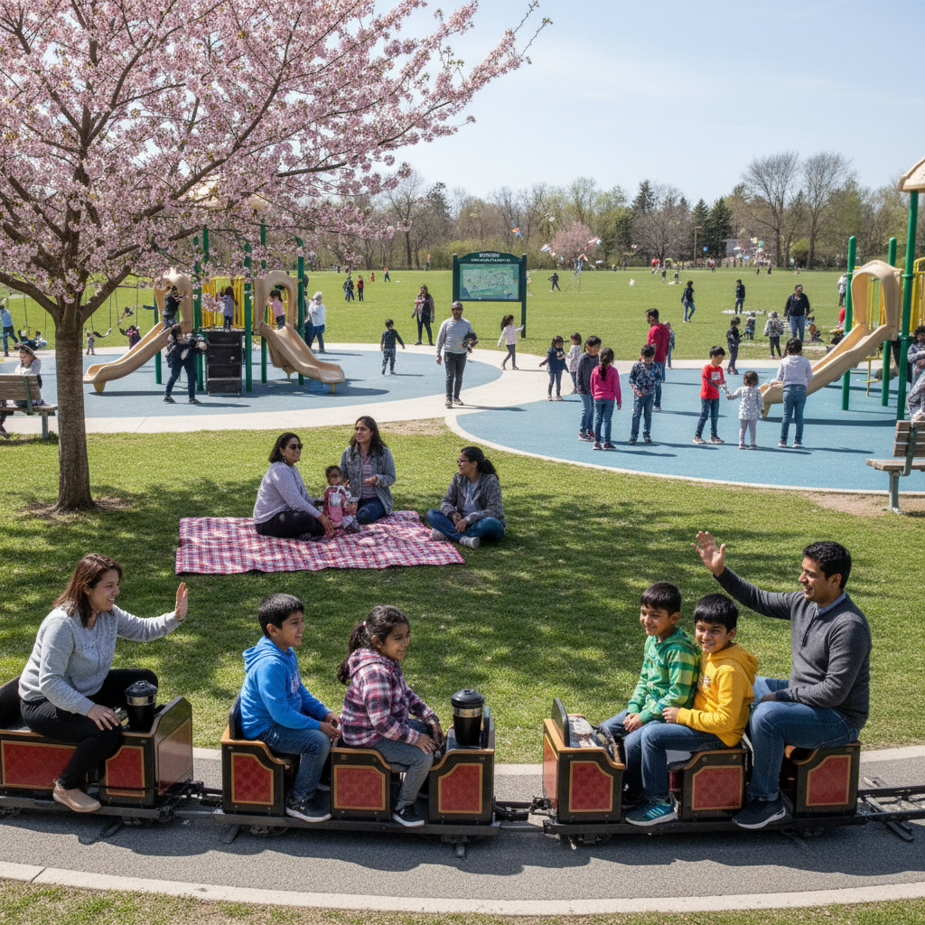 Family enjoying a sunny day at a park with trees and a playground in Brampton.