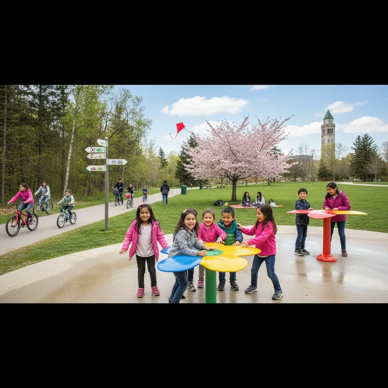 Family enjoying a sunny day at a park with green trees and a playground in Brampton.