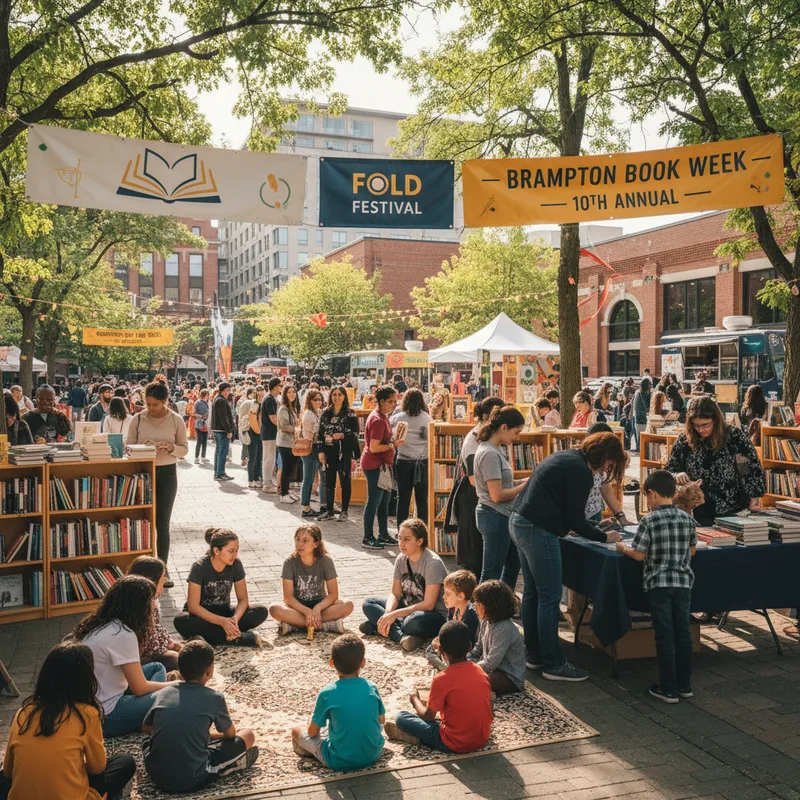 A diverse group of people mingling at the FOLD festival with bookshelves and Brafompton city hall in the background.