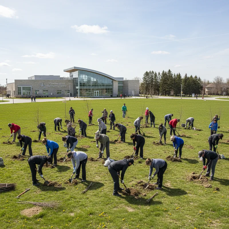 Volunteers in gloves plant young trees in a grassy field, celebrating Earth Day in Brampton.