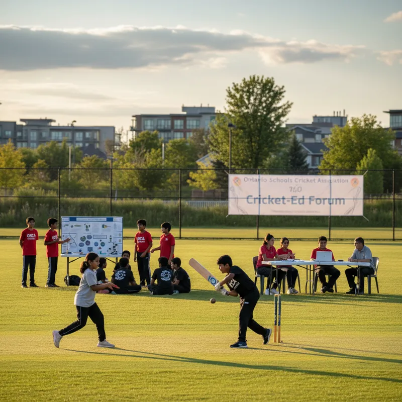 Youth players in action at a Brampton cricket forum event focused on STEMM, wellness, and financial literacy.