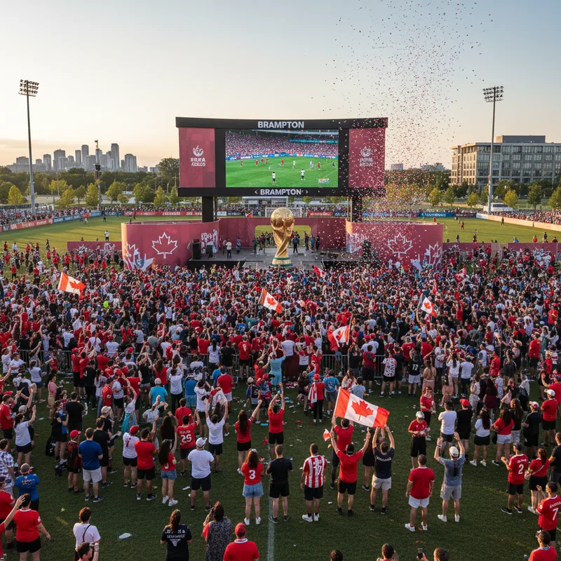 Brampton hosts FIFA World Cup 2026 celebrations with fans watching soccer matches.