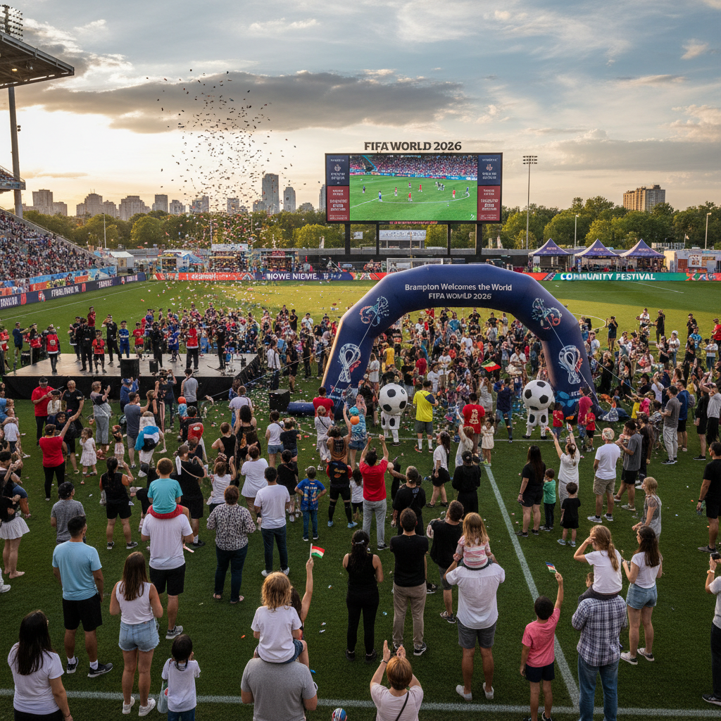 Soccer fans in Brampton enjoy a dynamic action shot during FIFA World Cup 2026 celebrations.