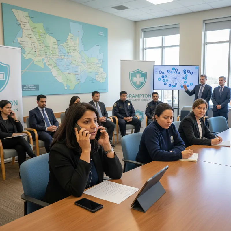Brampton city hall hosts community telephone town halls for residents to discuss safety and healthcare.
