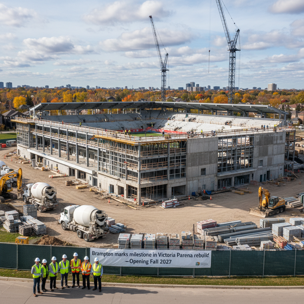 Victoria Park Arena rebuild in Brampton reaches construction milestone, featuring a wide establishing shot of the new multi-sport facility.