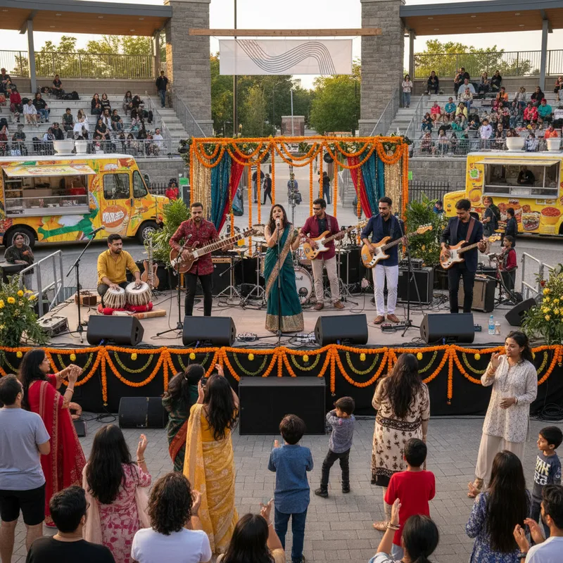 Musicians perform on a warmly lit stage in Brampton, showcasing the city's vibrant South Asian music community.