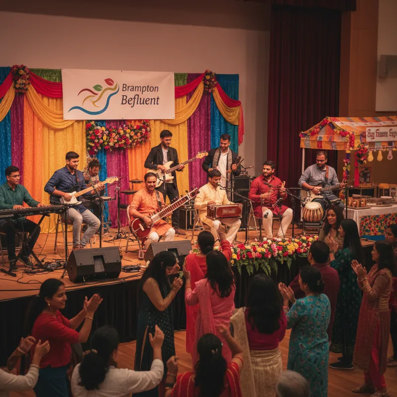 Musicians perform on a vibrant stage in Brampton, showcasing a dynamic South Asian music scene.