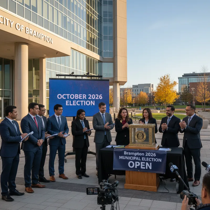 Photorealistic image of Brampton City Hall with natural lighting, professional news photography style.