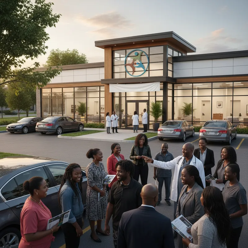 Community members and healthcare providers in a bright, modern health services center.
