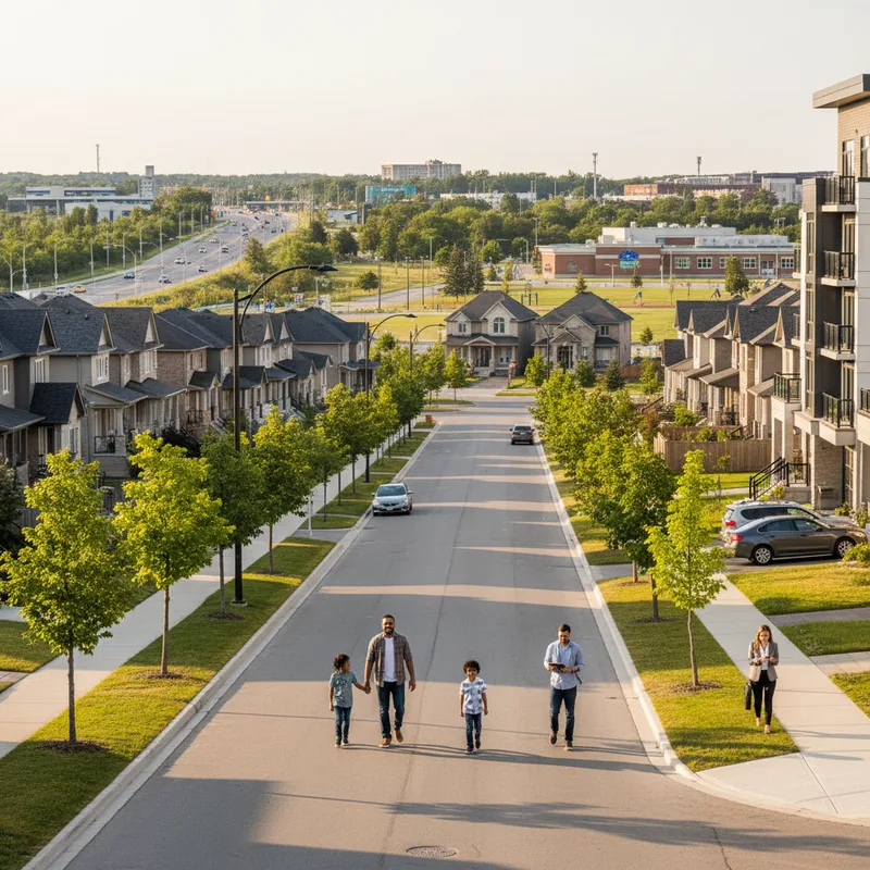 Brampton neighbourhood showcasing diverse housing options and green spaces under natural lighting.