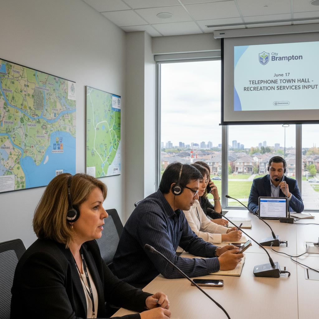 Telephone town hall for Brampton recreation services features diverse residents participating in discussion.