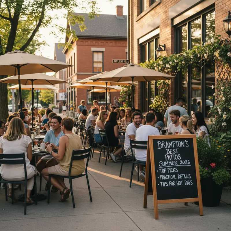 A photorealistic regional news photograph of Brampton patios in a 2026 summer guide setting.
