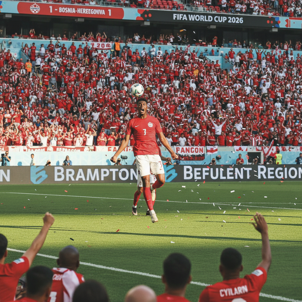 Cyle Larin celebrates scoring a goal on a soccer field during a World Cup match, with a stadium background.