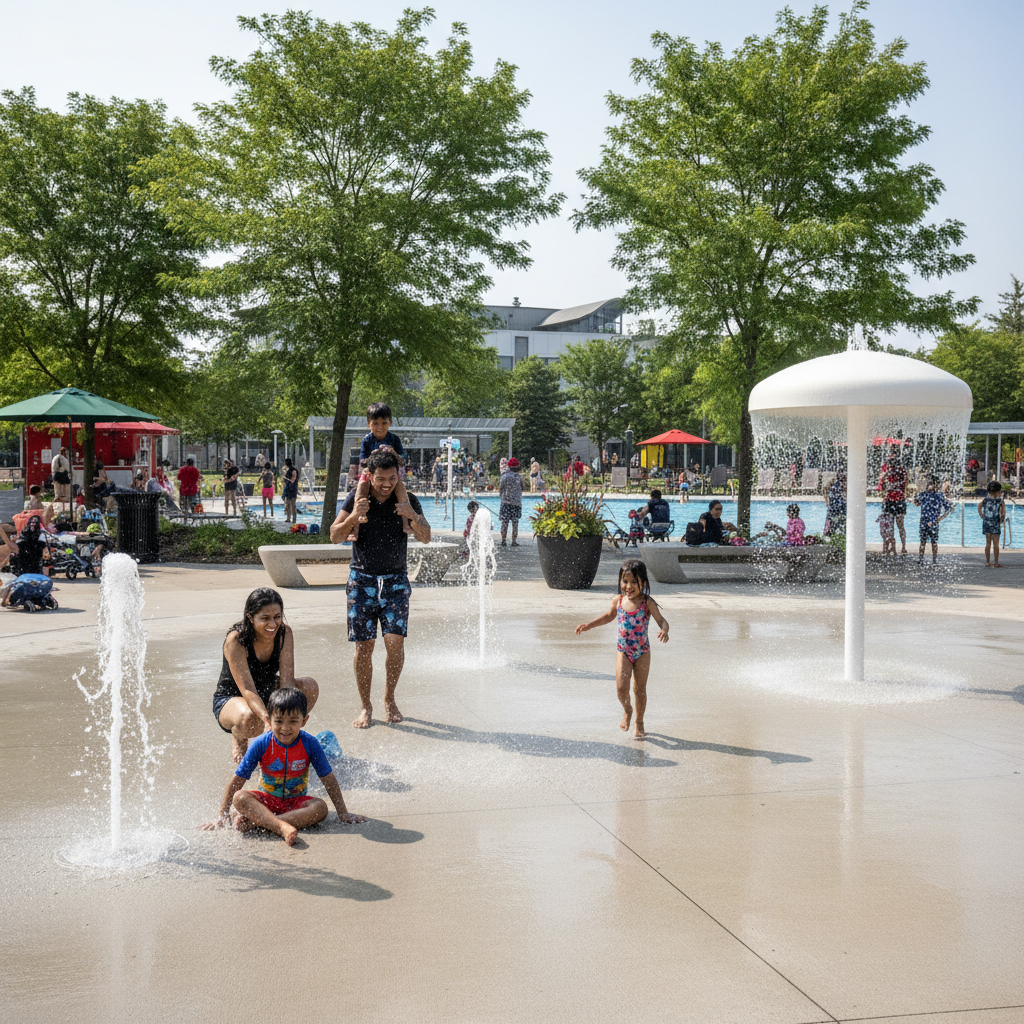 A diverse family enjoys a sunny day at a Brampton public splash pad with water spraying.
