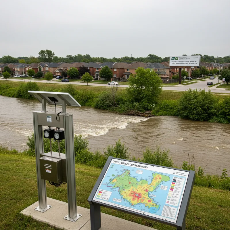 Floodplain map and monitoring station shown along the Credit River, with a residential area visible nearby.