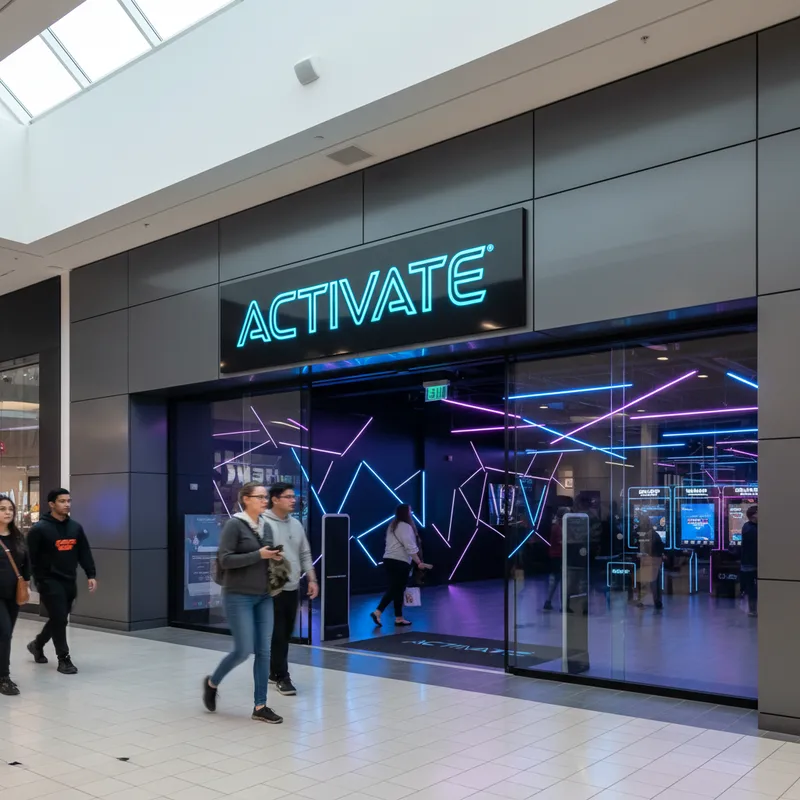 Entrance to the Activate active gaming facility located inside Brampton's Bramalea City Centre, showing the bright logo and a glimpse of the neon-lit game rooms.