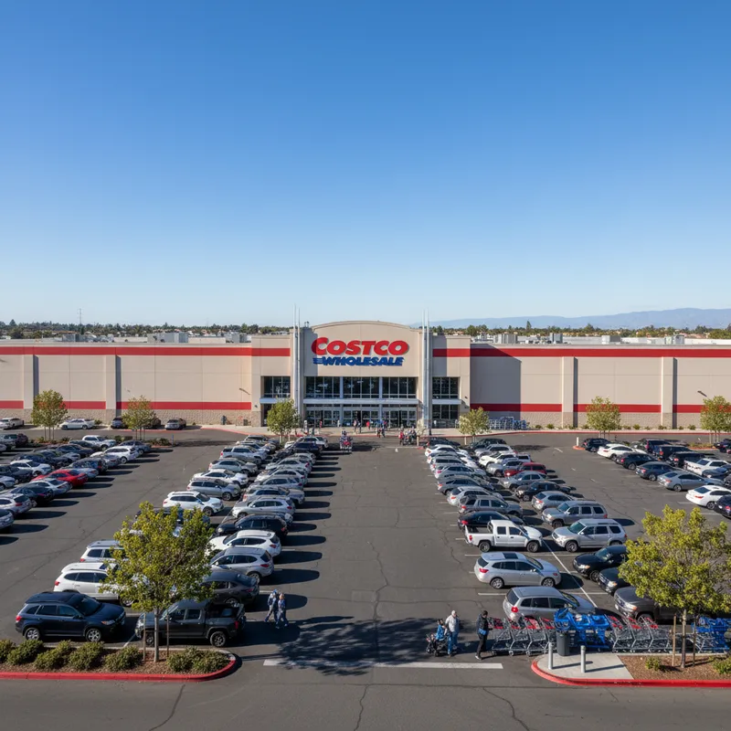 The storefront of the Costco Wholesale warehouse in Brampton, ON, showing the main entrance, signage, and a portion of the large parking lot.