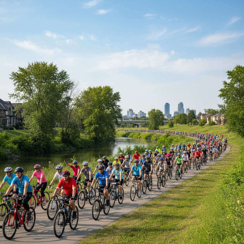 Cyclists of all ages pedal along Brampton trails during the annual Bike the Creek event.