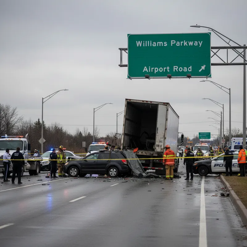 SUV and truck wreckage at intersection after fatal multi-vehicle collision in Brampton.