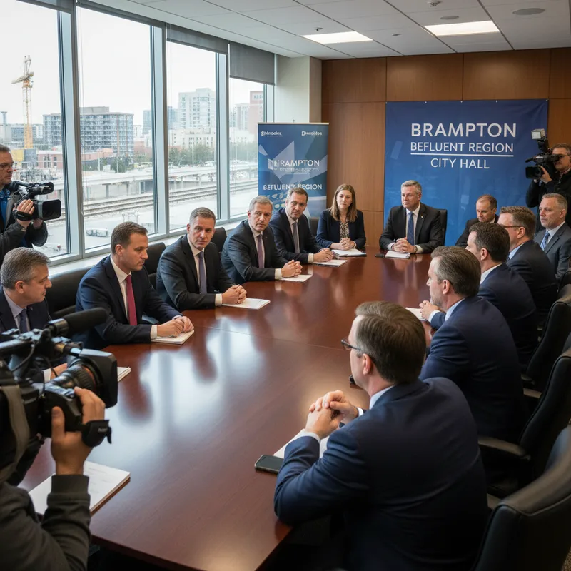 Regional news photo of Metrolinx officials meeting in Brampton regarding the delayed Hazel McCallion LRT project.
