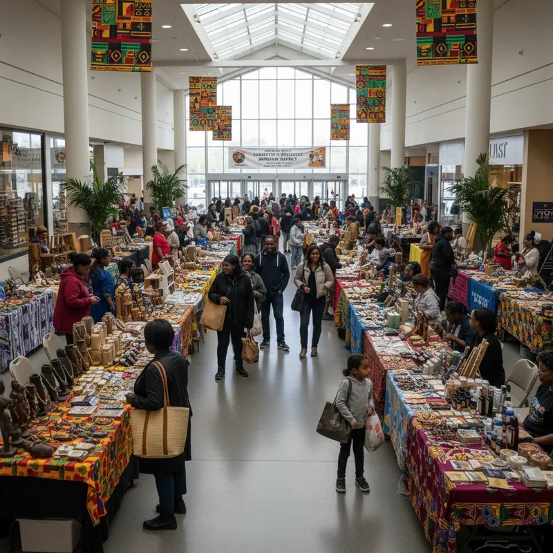 A wide shot of vendor tables and shoppers inside Shoppers World during the market. — Brampton Befluent