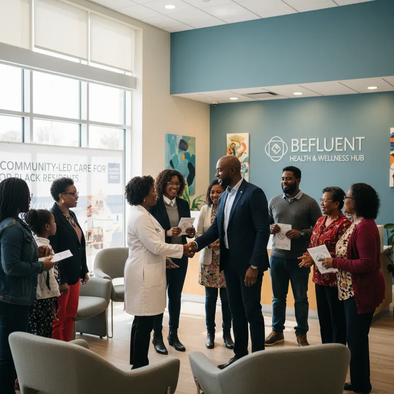 Diverse group of people receiving care in a bright, modern health services center in Brampton.