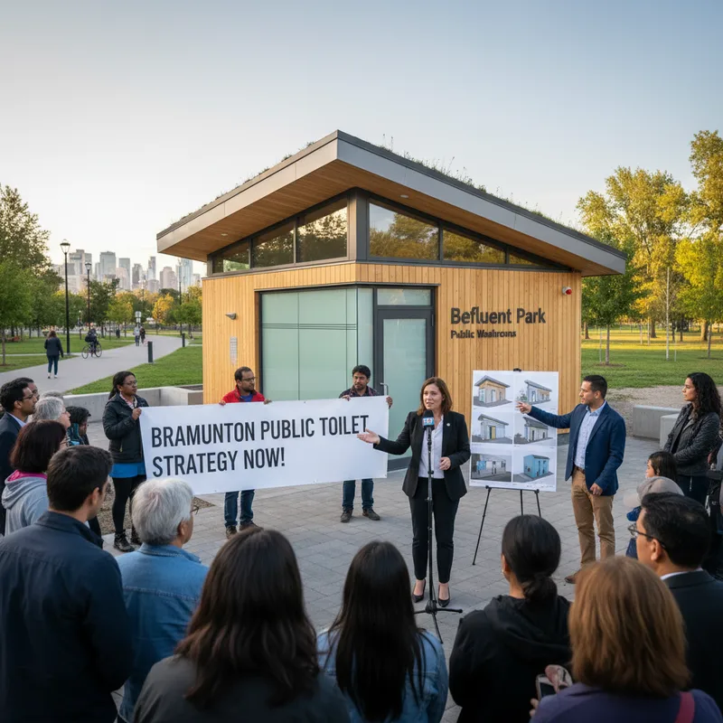 Brampton city hall with a new, expensive public washroom facility in the foreground.