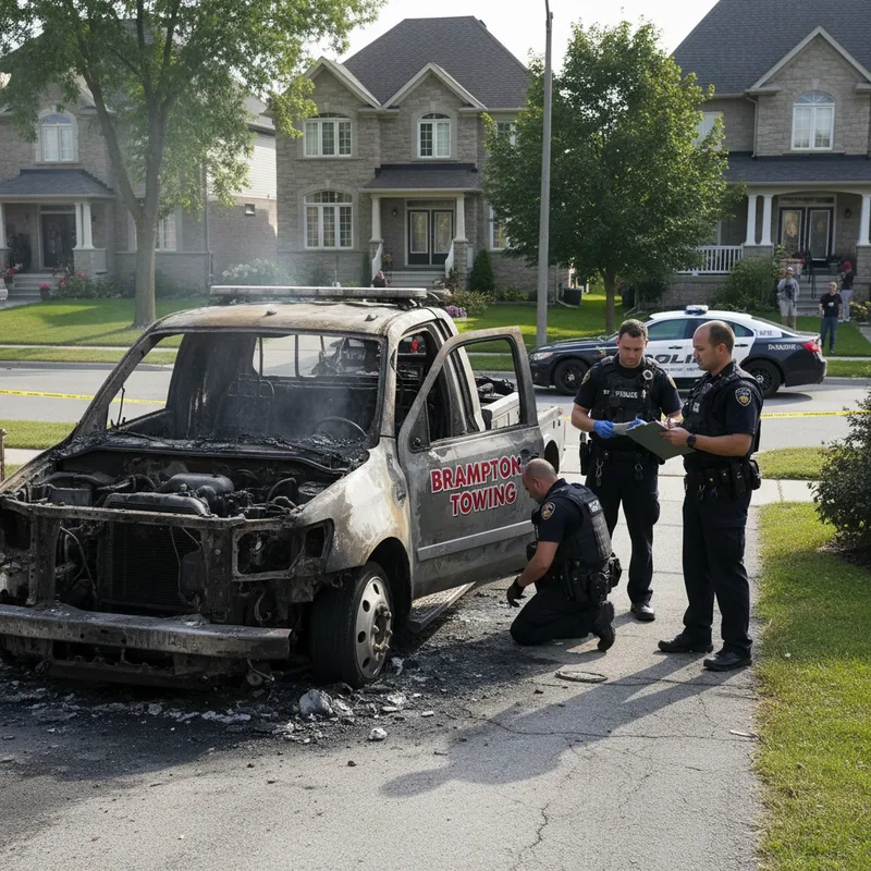 Police tape surrounds a burned tow truck in a Brampton driveway as officers investigate suspicious fires.