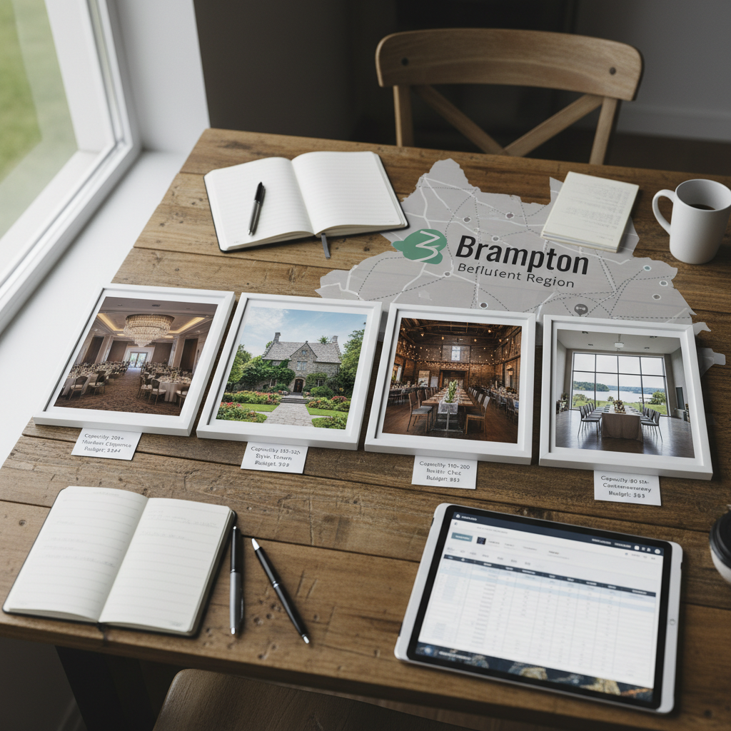 Photorealistic guide to Brampton wedding venues showcasing capacity, style, and budget for 2026.